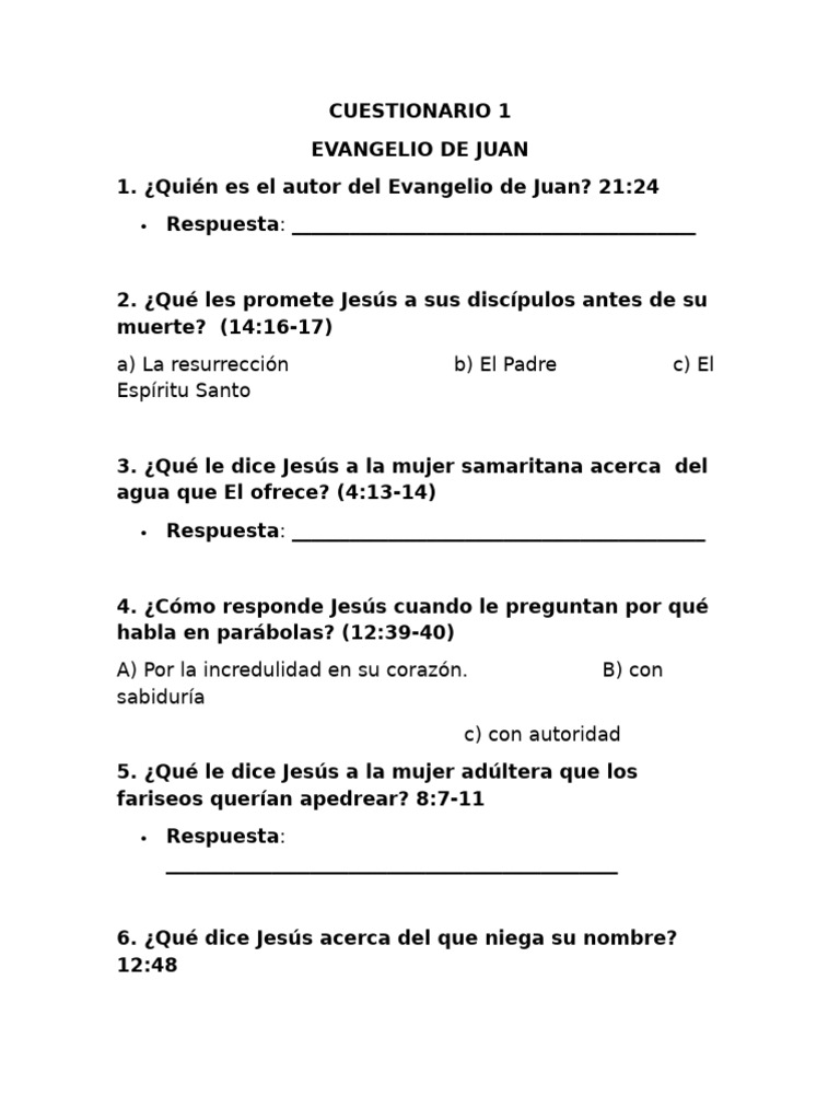 Cuestionario sobre el Evangelio de Juan | PDF | Jesús | Gente del Nuevo ...