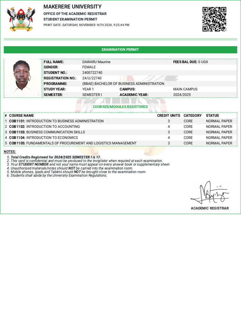 Makerere University Exam Permit Details | PDF