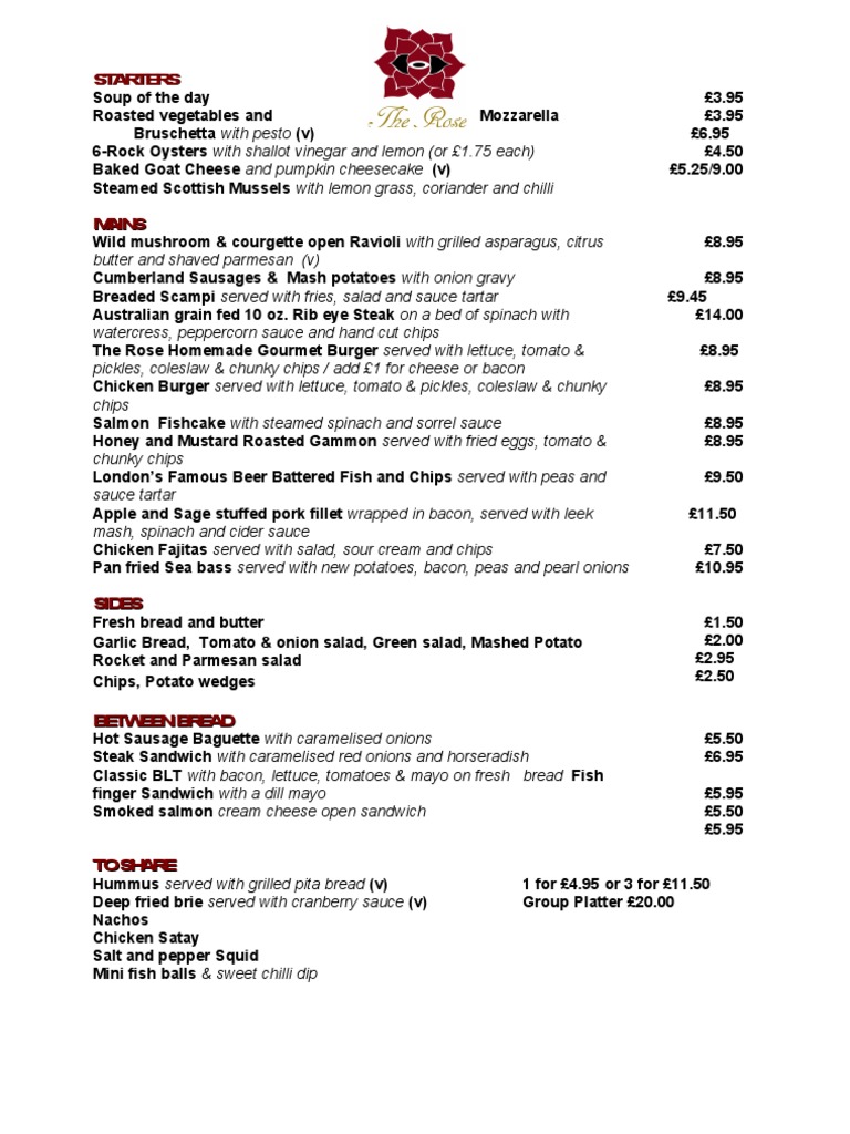 Rose Fast Food Menu Overview | PDF | French Fries | Sausage