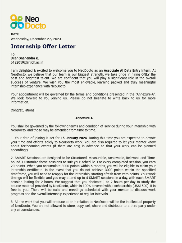 NeoDocto Internship Offer Letter | PDF