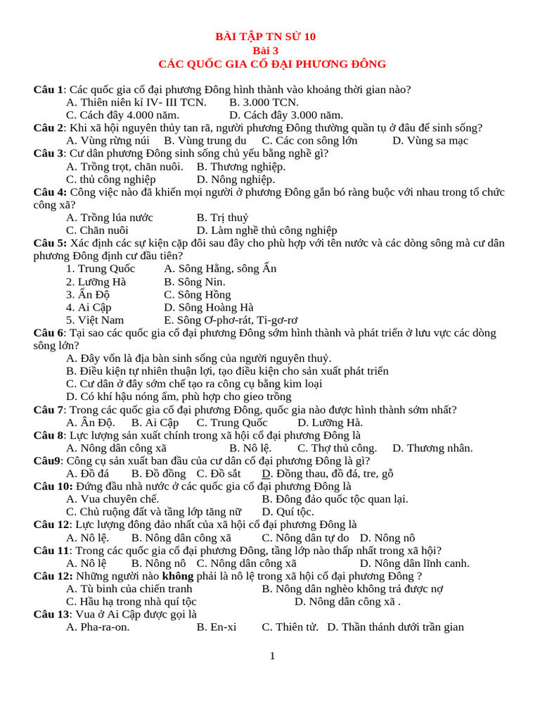 Bài Tập Ôn TN Sử 10 | PDF
