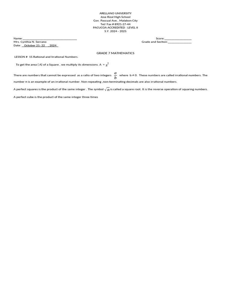 LESSON # 7 Rational and Irrational Numbers. | PDF