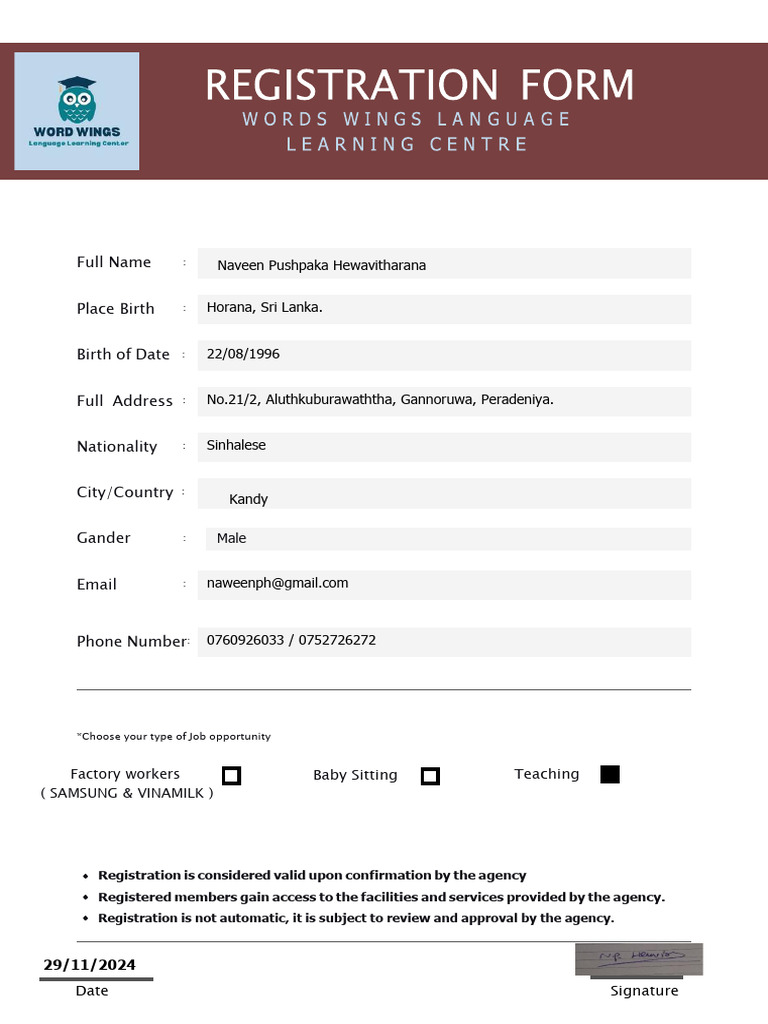 Word Wings Language Centre Registration Form144 | PDF