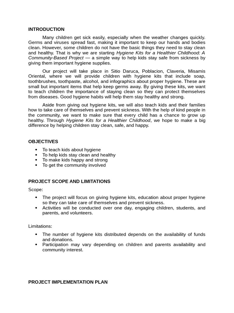 Hygiene Kits for Healthier Childhood Project | PDF | Hygiene | Well Being