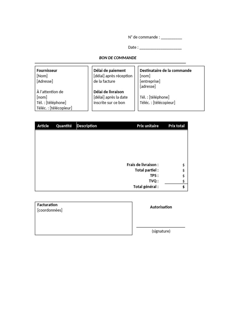 Modèle de bon de commande standard | PDF | Facture | Fax