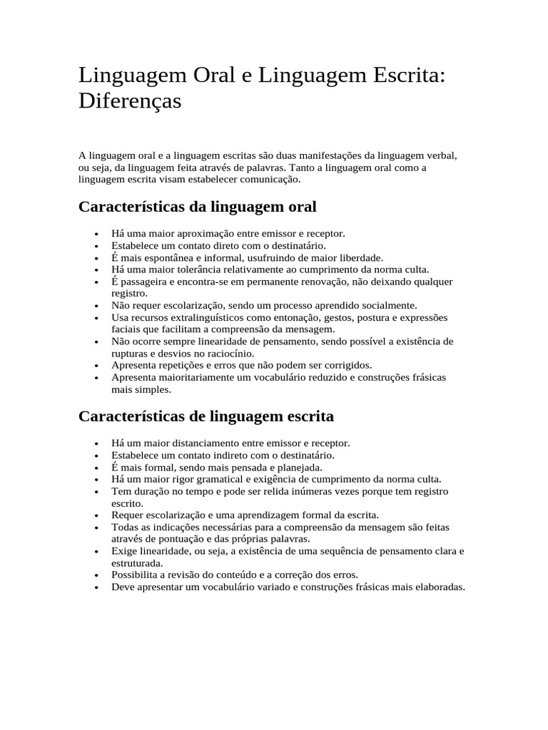 Diferenças entre Linguagem Oral e Escrita | PDF | Pensamento | Comunicação