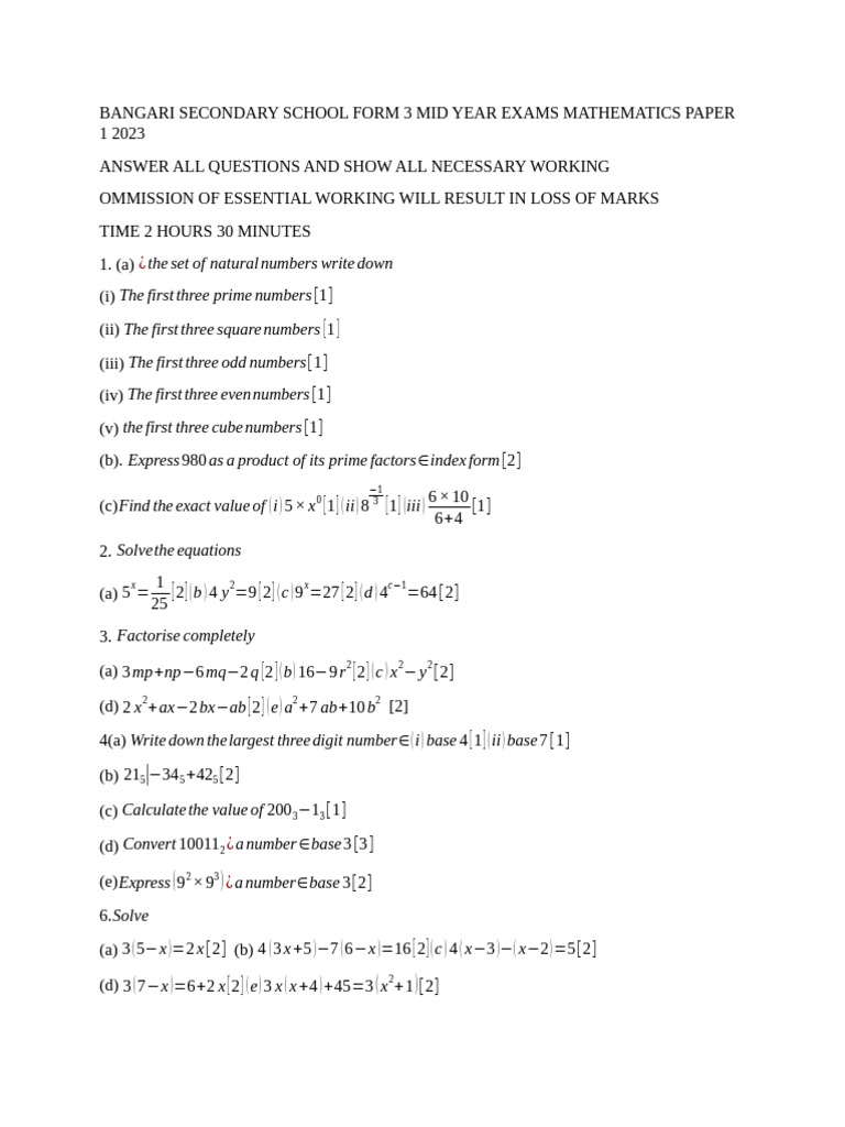 Form 3 Maths Paper 1 (1) | PDF | Mathematical Objects | Elementary ...