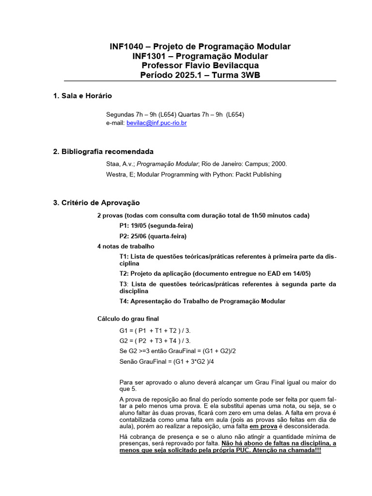 Projeto de Programação Modular INF1040 | PDF | Testes de software ...