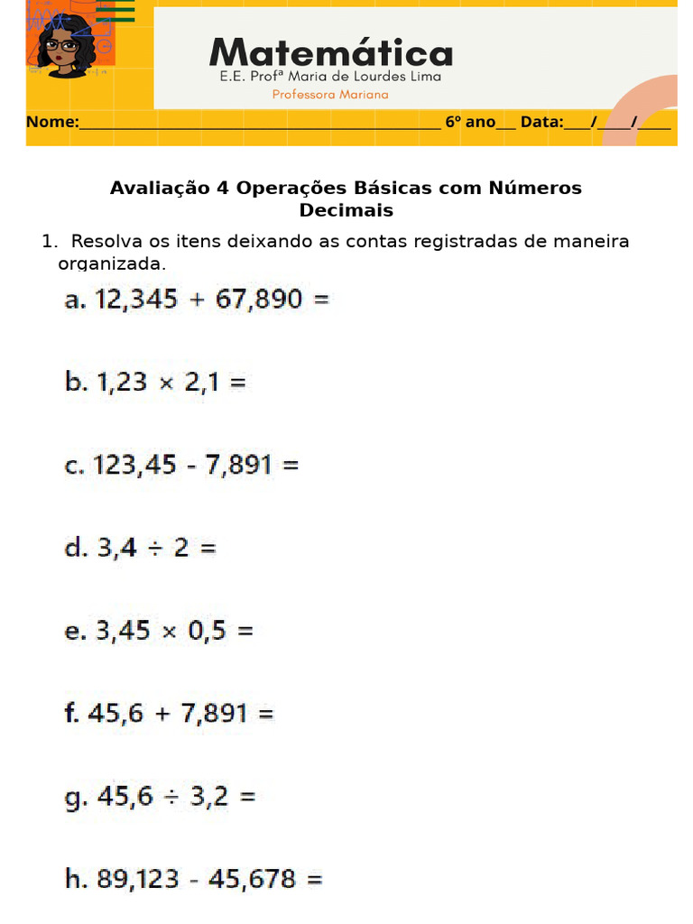 4 Operações Números Decimais Avaliação | PDF