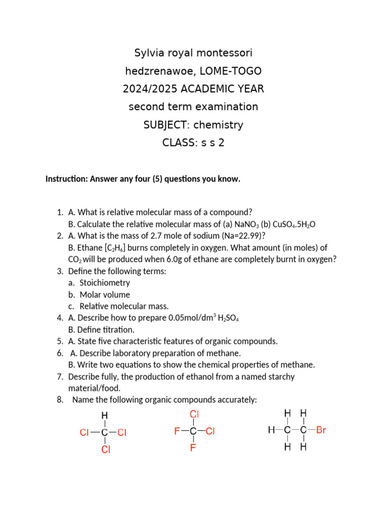 SS2 Chemistry Exam Questions 2024/2025 | PDF