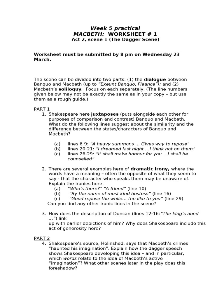 Macbeth Act 2 Scene 1 Worksheet | PDF | Macbeth | Shakespearean Tragedies