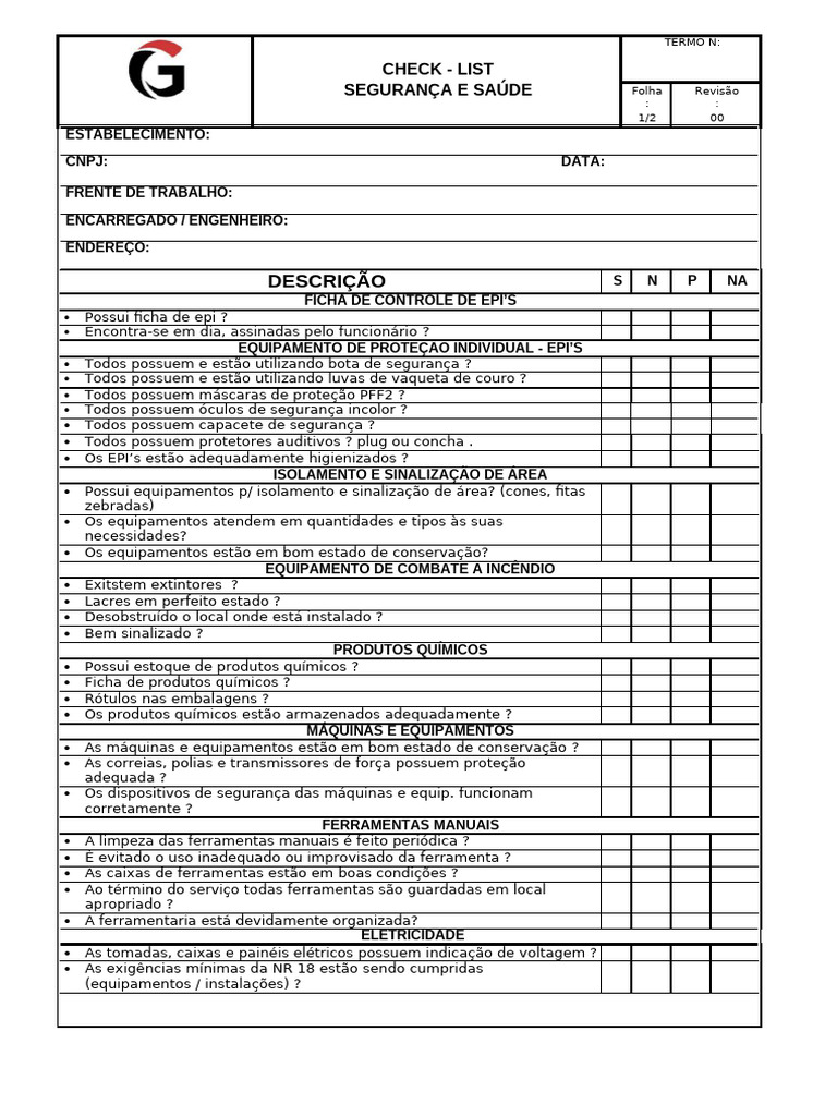 Checklist de Segurança e Saúde no Trabalho | PDF | Ferramentas