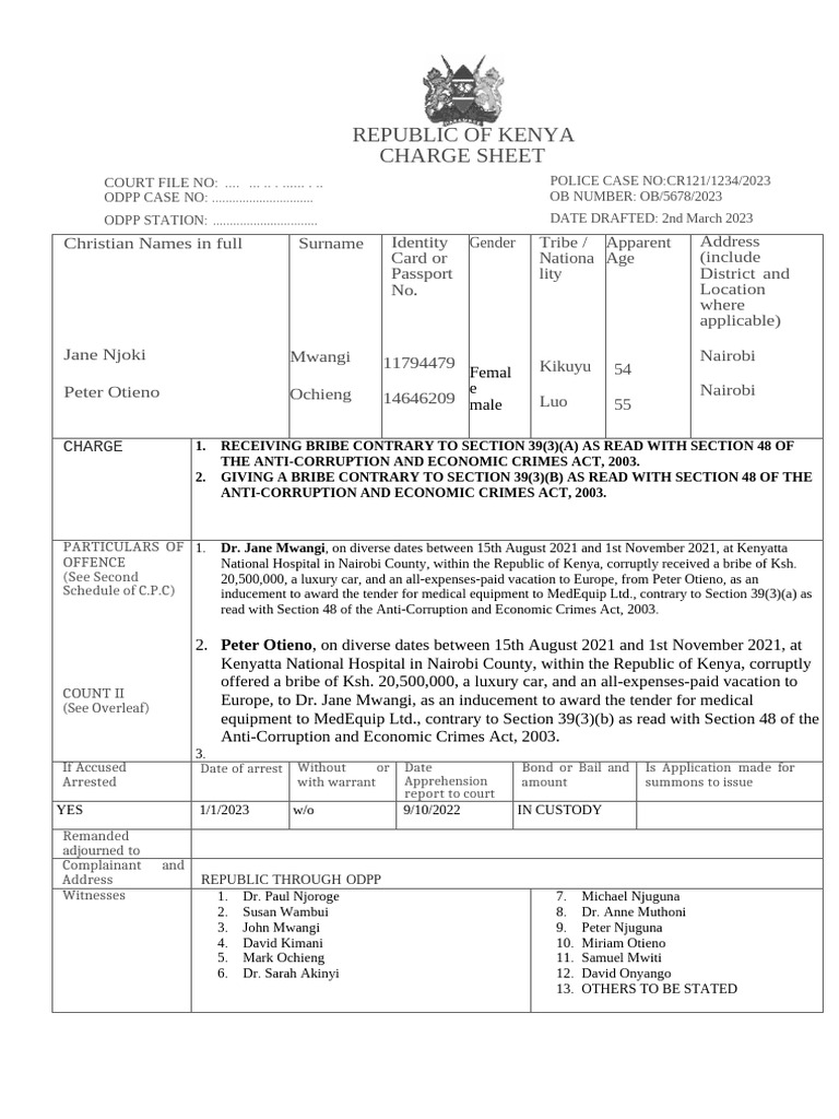 Kenya Police Charge Sheet: Bribery Case | PDF | Bail | Crime & Violence
