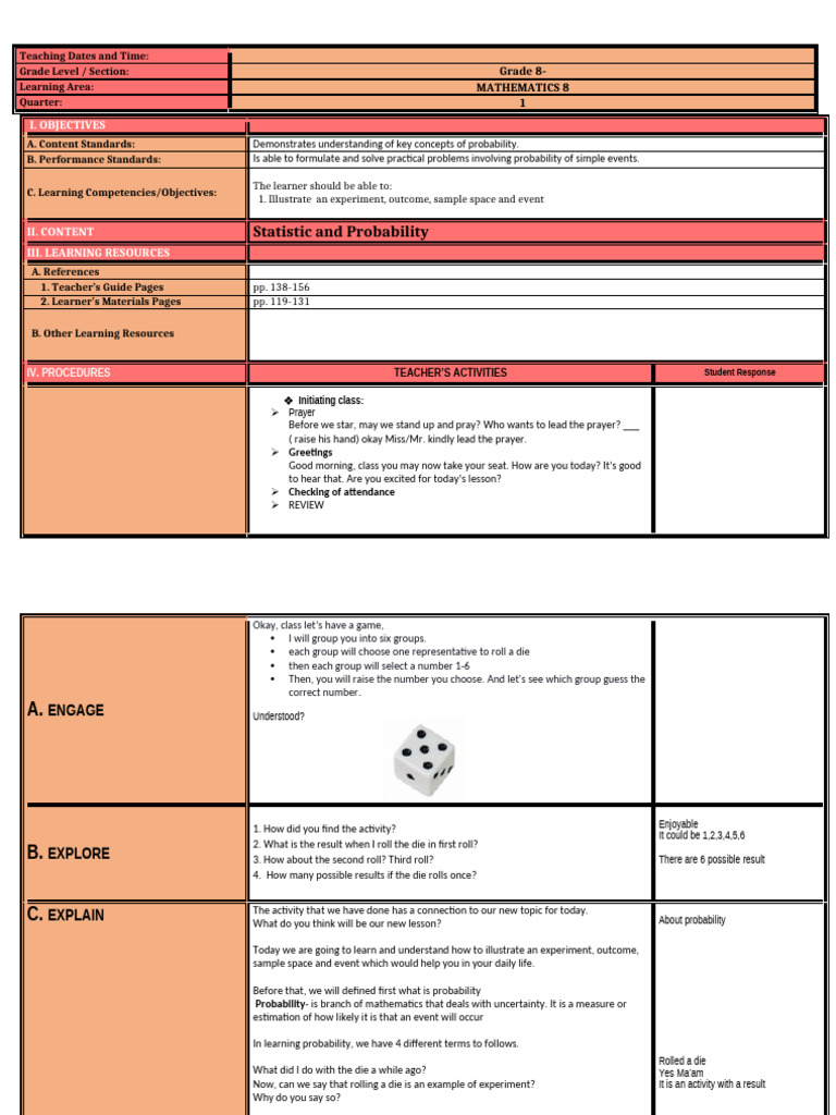 Grade 8 Probability Lesson Plan | PDF | Experiment | Probability