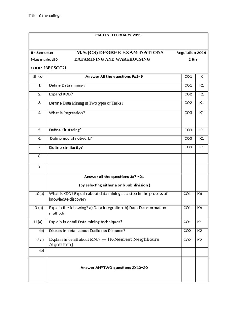 Datamining Question Paper CIA | PDF