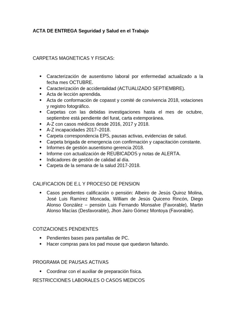 Acta de Entrega: Seguridad y Salud Laboral | PDF