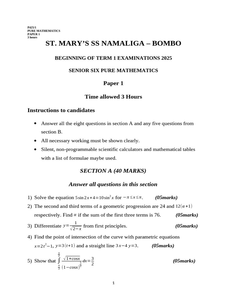 Senior Six Pure Mathematics Exam 2025 | PDF | Pi | Equations