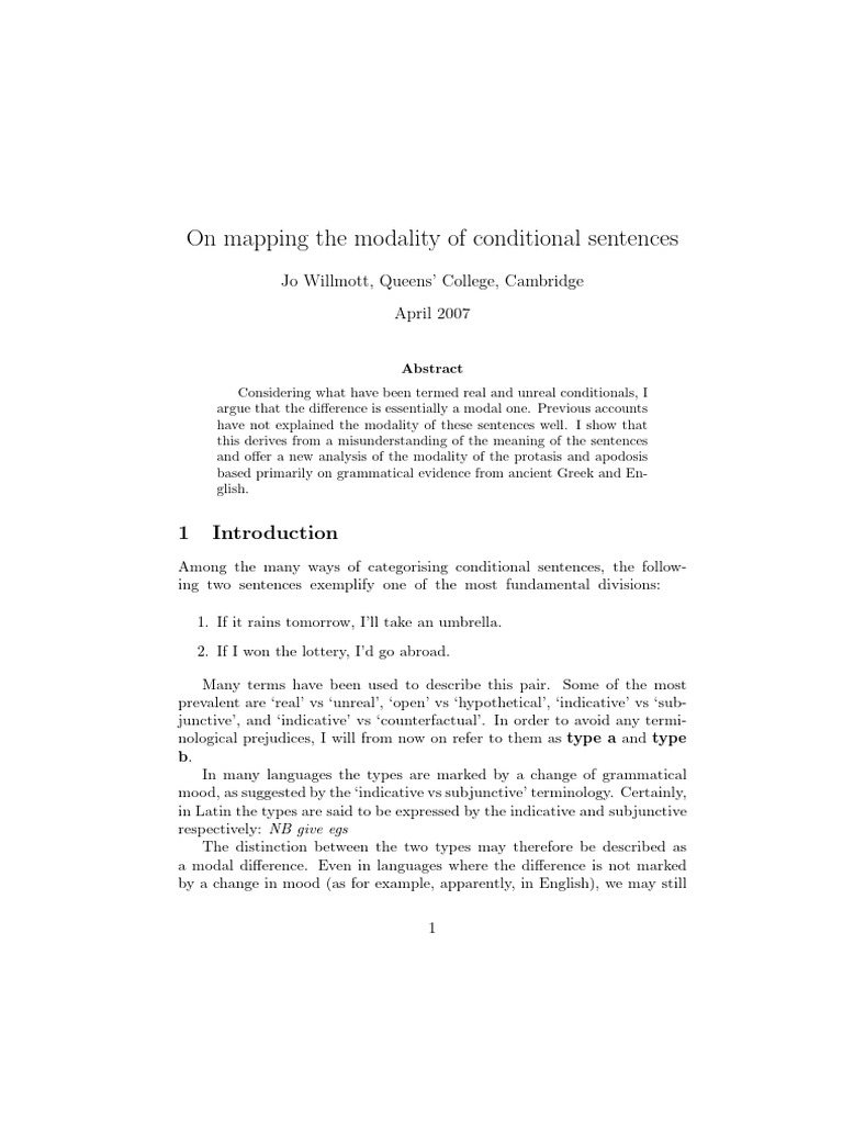 Modal Analysis of Conditional Sentences | PDF | Modal Logic | Linguistics
