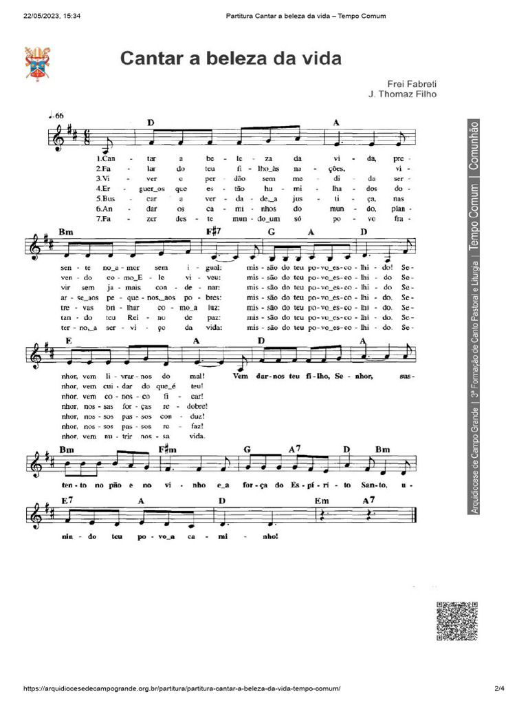 Partitura: Cantar a Beleza da Vida | PDF