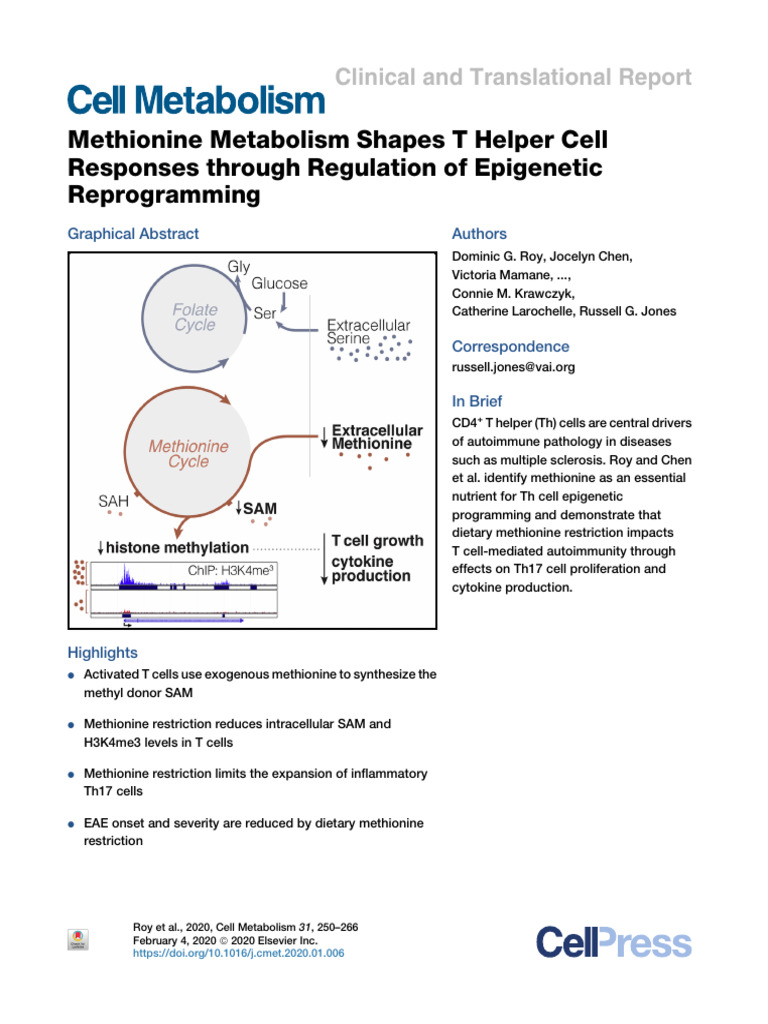 Roy-2020-Methionine Metabolism Shapes T Helper | PDF | Epigenetics ...