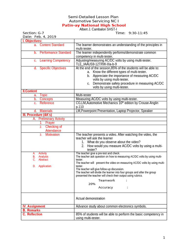 lesson plan in Automotive | PDF | Learning | Lesson Plan