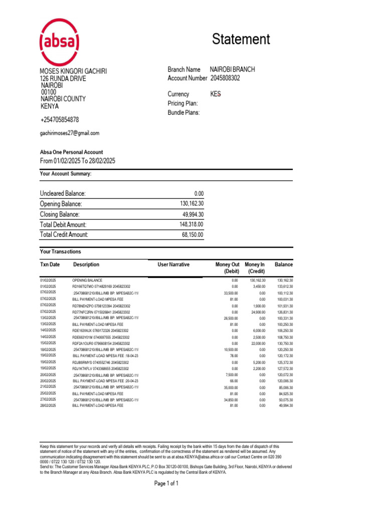 Absa Kenya Account Statement Summary | PDF | Debits And Credits | Payments