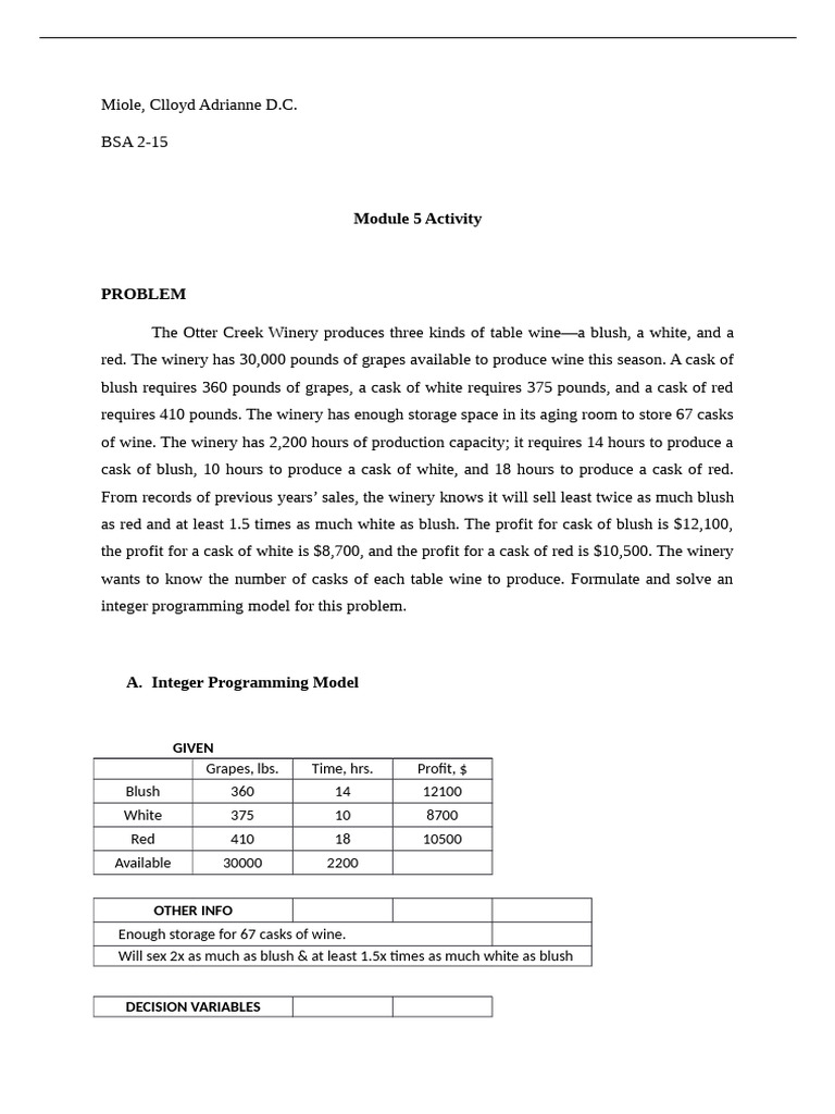 Integer Programming for Winery Profit Optimization | PDF | Mathematical ...