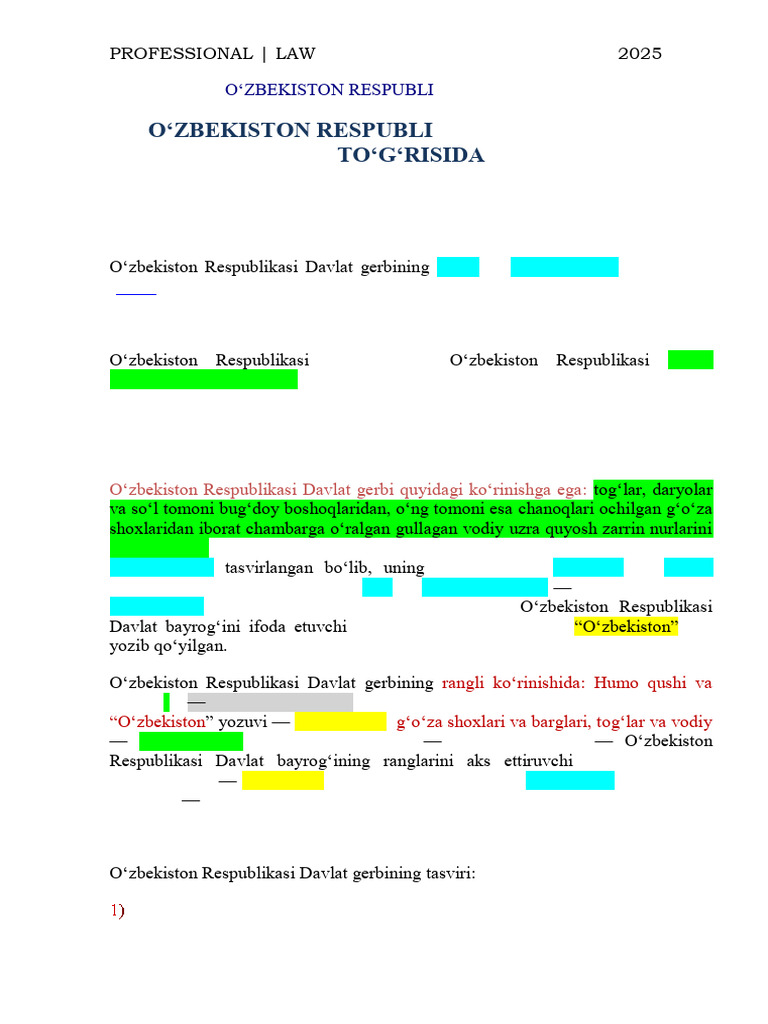 O'zb - Res - Davlat Gerbi Professional Law | PDF