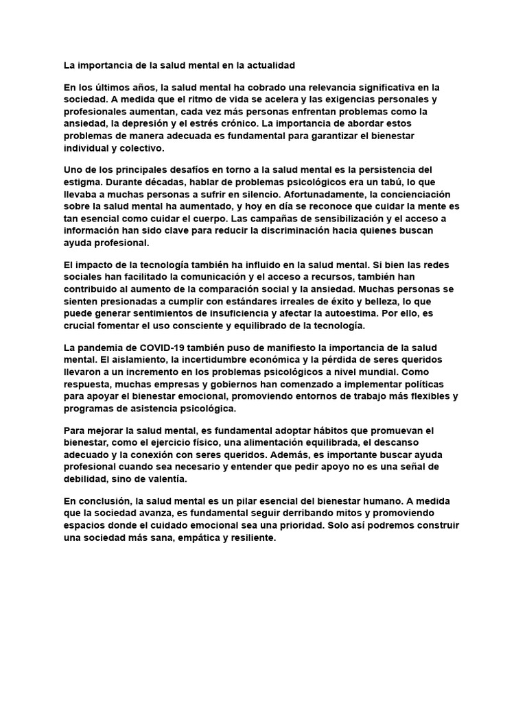 La Importancia de La Salud Mental en La Actualidad | PDF | Salud mental ...