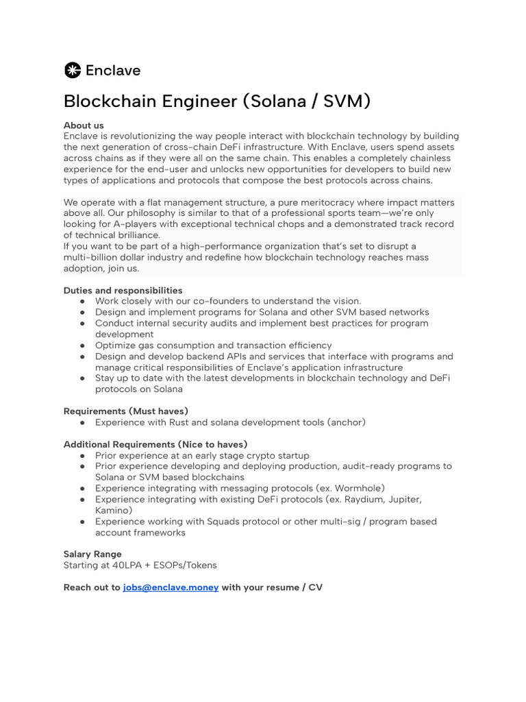 Enclave JD Solana Blockchain Engineer (Fresher) | PDF