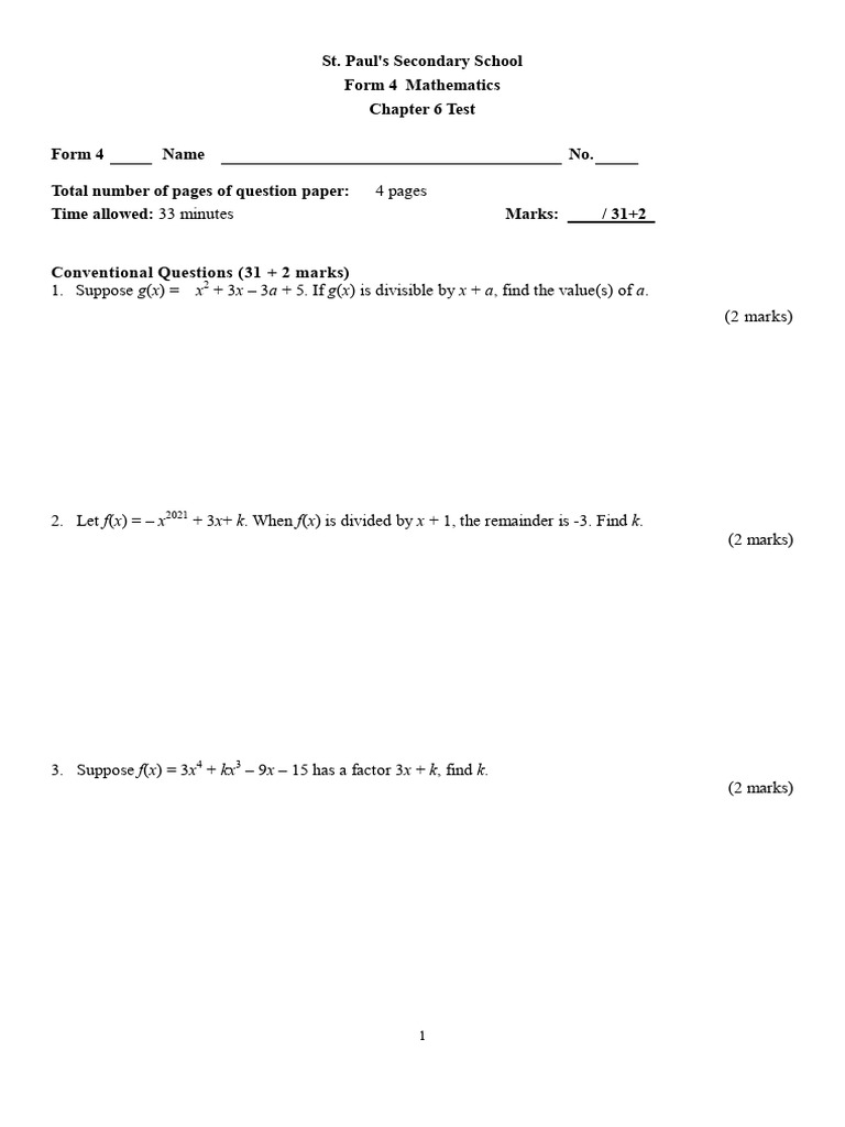 F4 - Math - Ch6 - Test - v3b-2122 - Blank ' | PDF | Mathematical ...