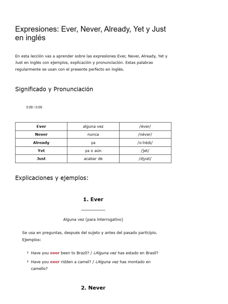 Uso de Ever, Never, Already, Yet y Just | PDF