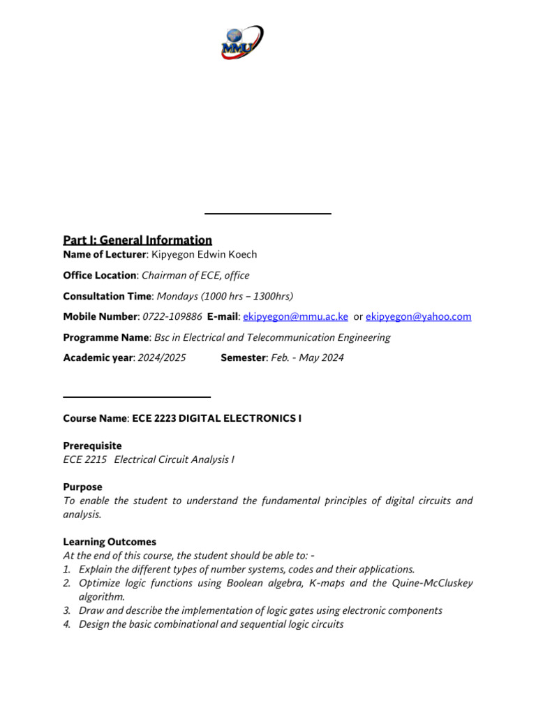 Ece 2223 Digital Electronics I Course Outline | PDF | Logic Gate ...