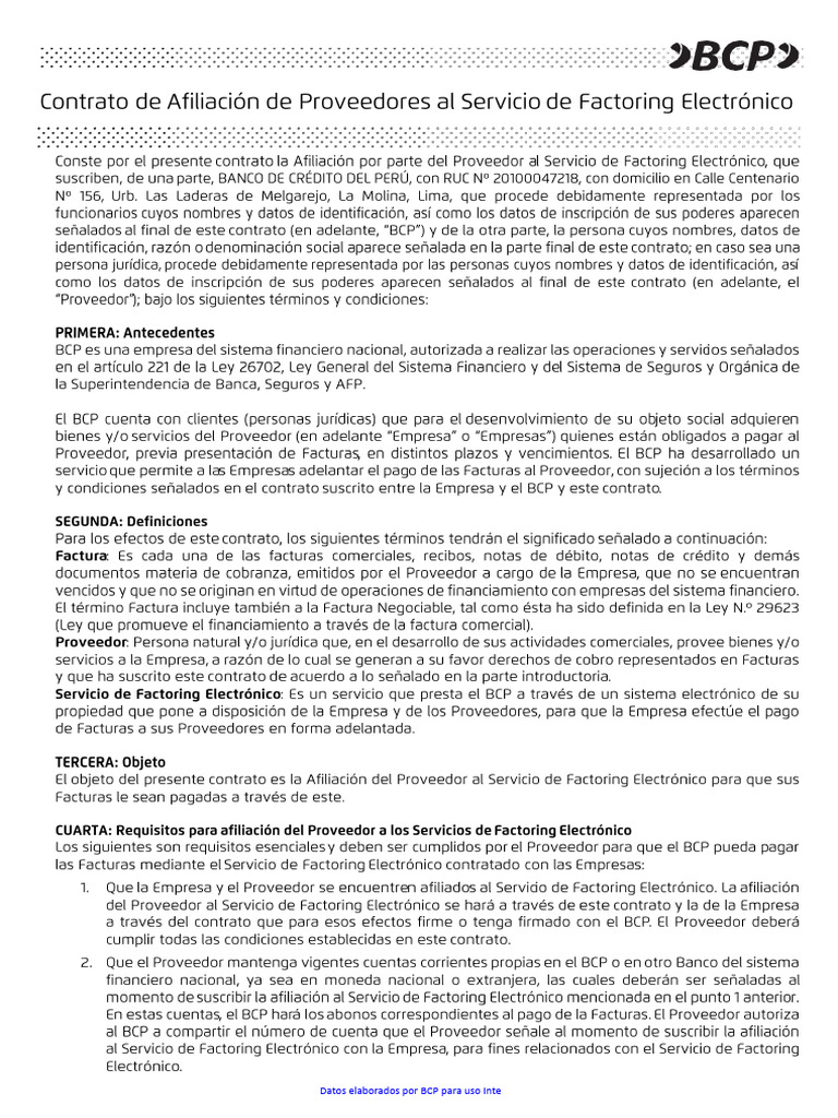 Contrato de Afiliación Proveedores BCP | PDF