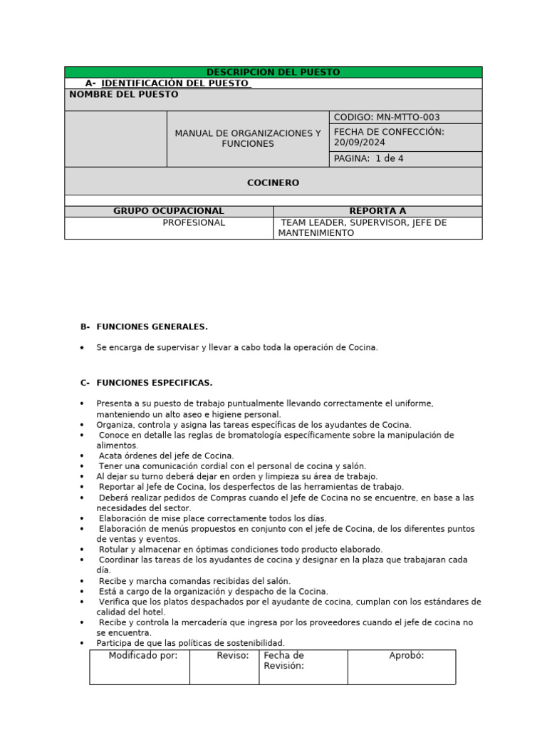 Descripción del Puesto: Cocinero | PDF