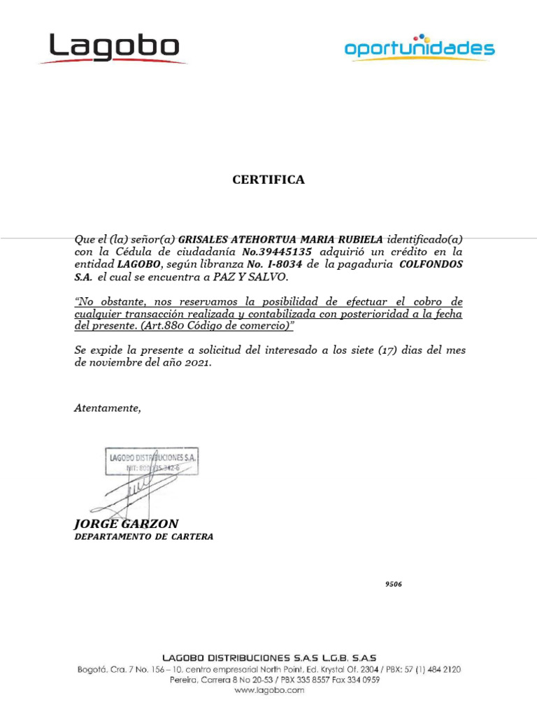 Certificado de Paz y Salvo - LAGOBO | PDF