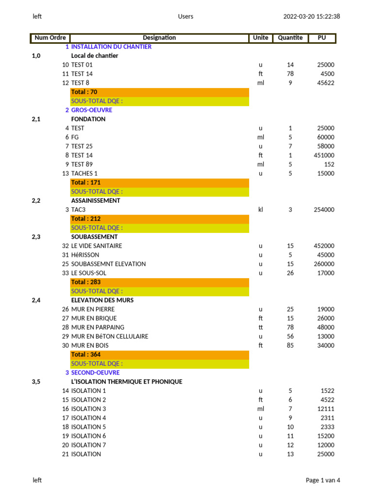 Exemple de DQE pour travaux de chantier | PDF