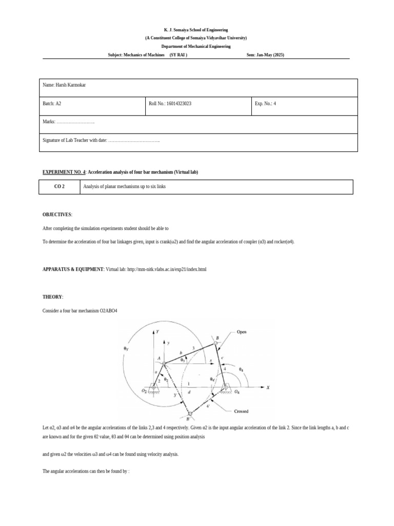 Expt 4 - MOM - 16014323023 | PDF | Acceleration | Mechanics