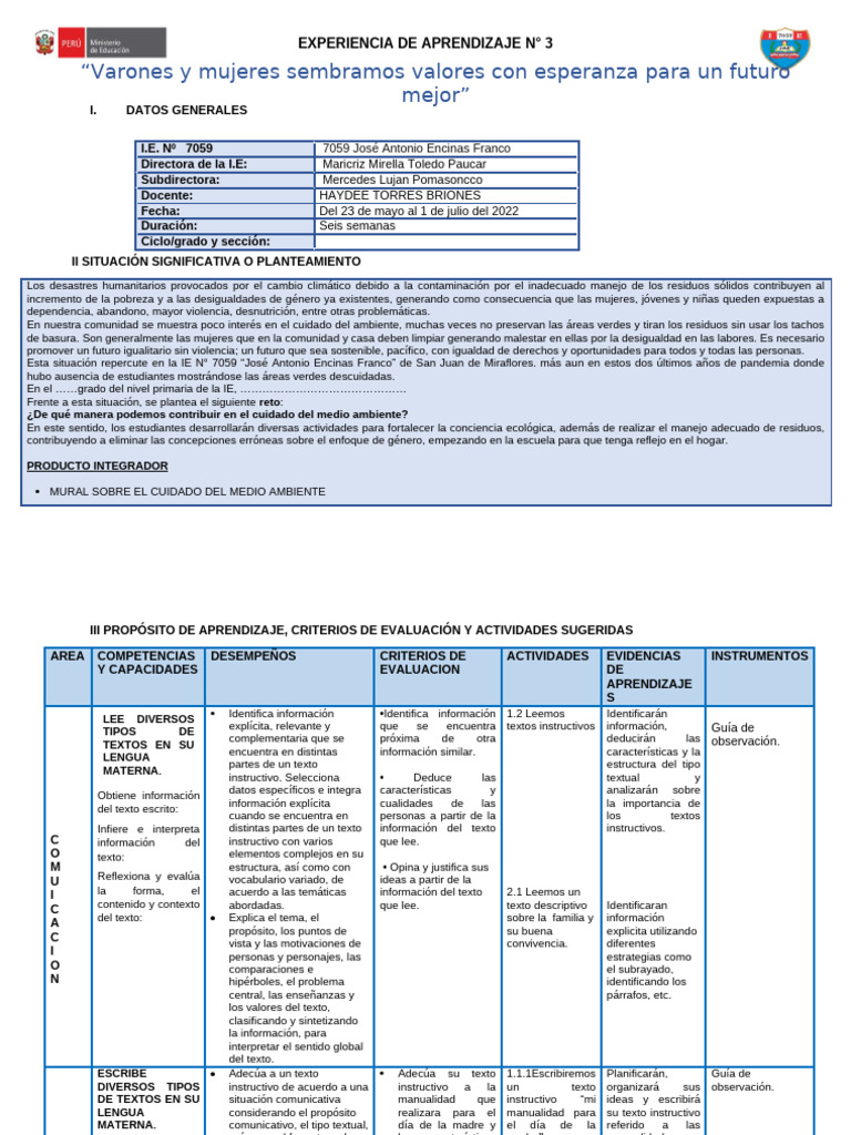 Experiencia de Aprendizaje 3 Mayo - Junio Parte Sandy | PDF | Datos ...