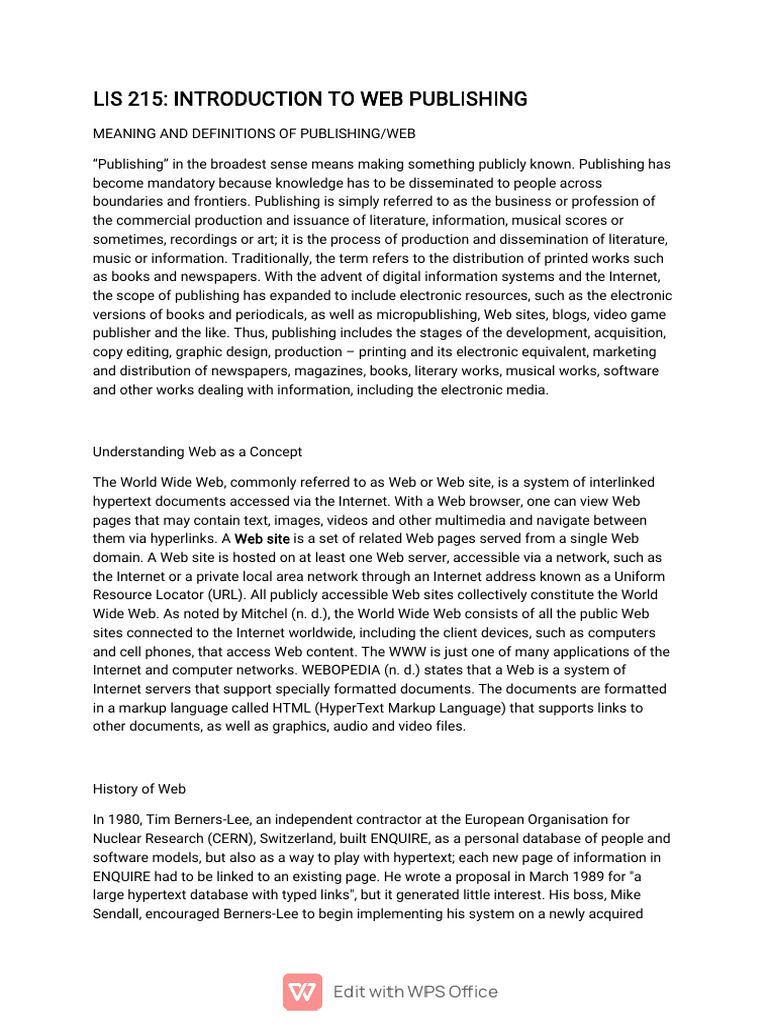 Lis 215 Web Publishing Lecture Note | PDF | World Wide Web | Internet & Web