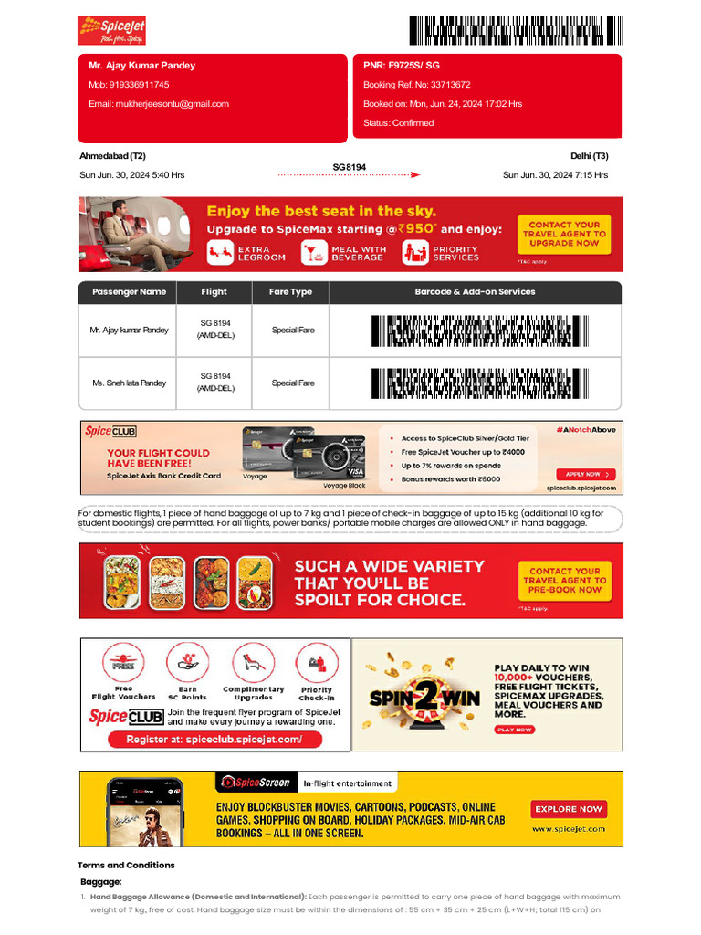 SpiceJet - E-Ticket - PNR - F9725S 30 Jun 2024 Ahmedabad-Delhi For MR ...