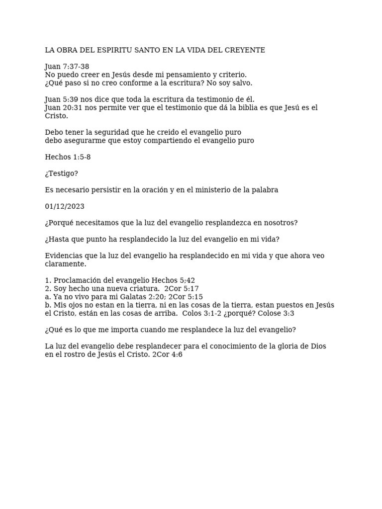La Obra Del Espiritu Santo en La Vida Del Creyente | PDF