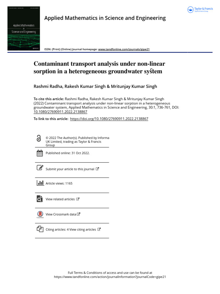 Contaminant Transport in Groundwater Systems | PDF | Adsorption | Equations