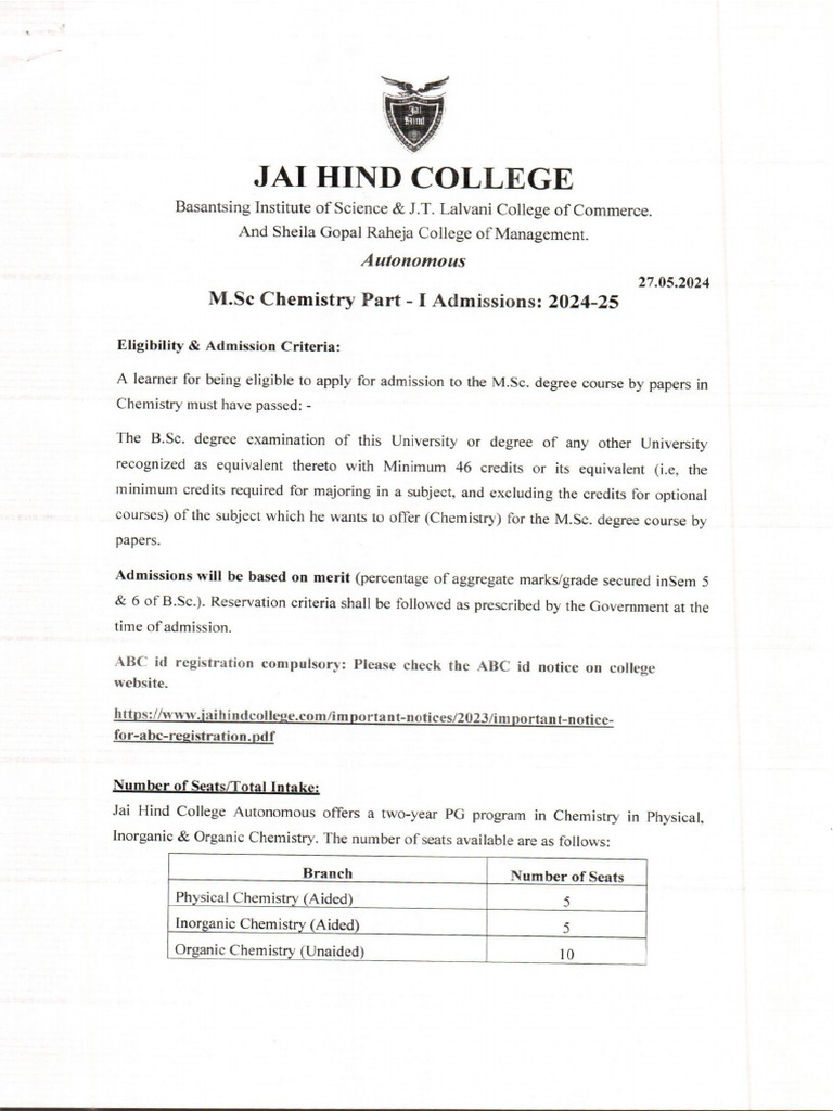 MSC Chemistry Part Admission Notice 2024 2025 | PDF