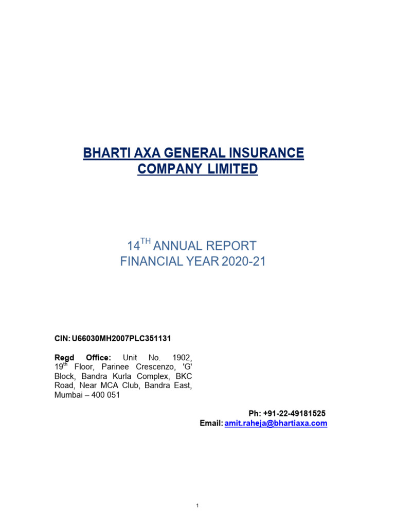 Bharti AXA General Insurance 2020-21 Report | PDF | Corporate Social ...