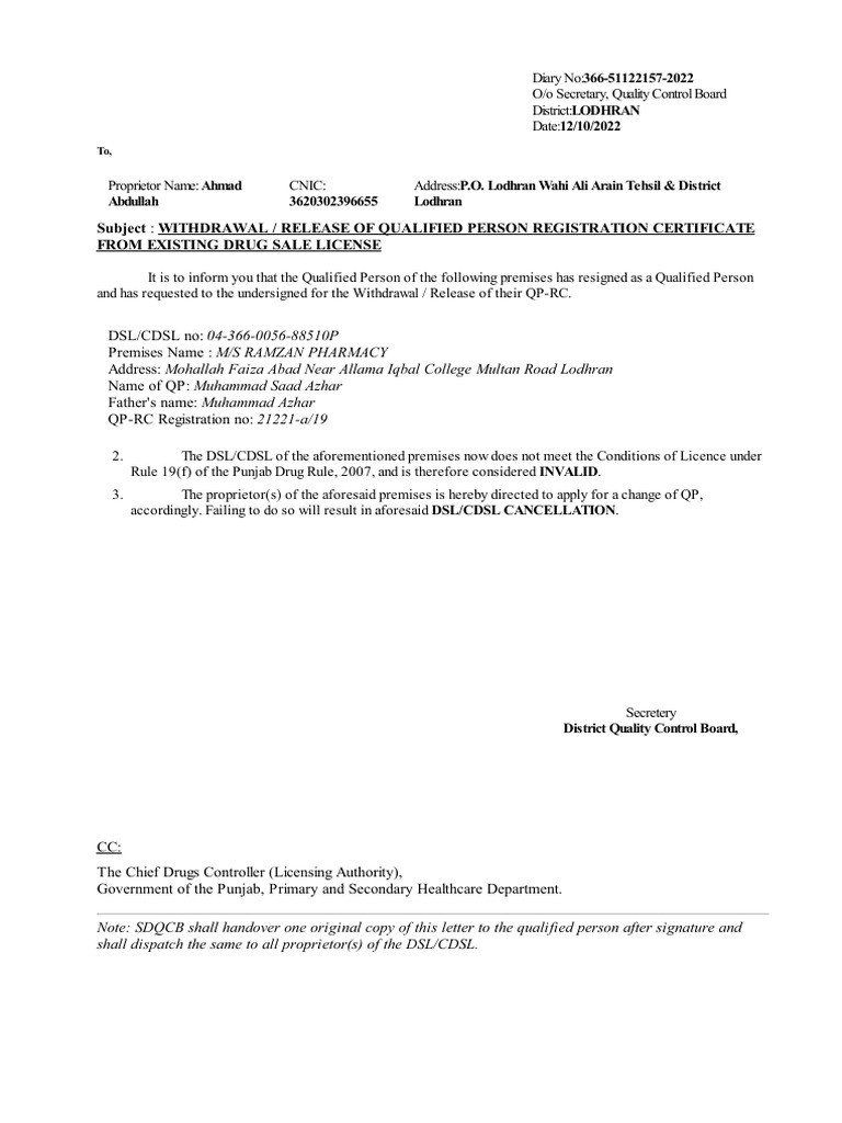 Pharmacy License Withdrawal Notice | PDF