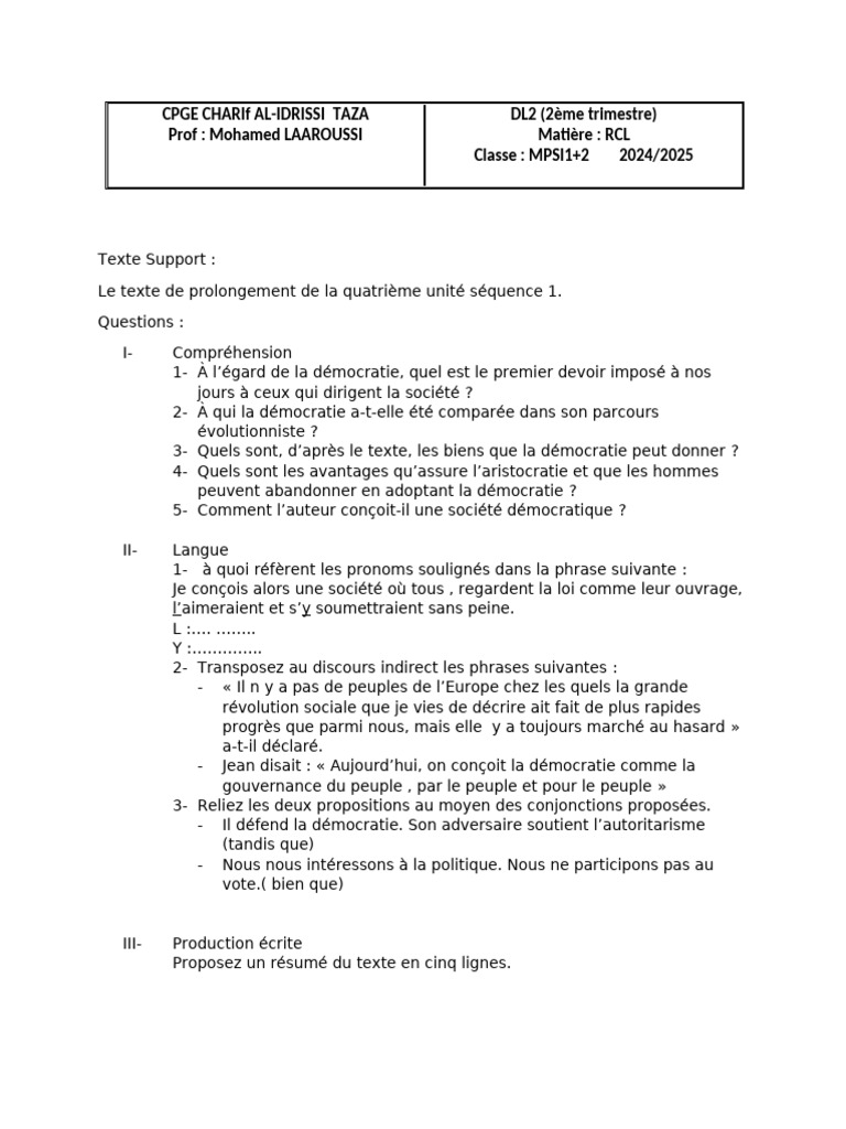 Questions sur la démocratie en RCL | PDF