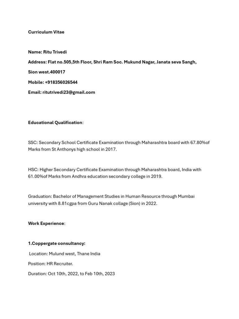 Ritu Trivedi's CV: HR & Business Development | PDF