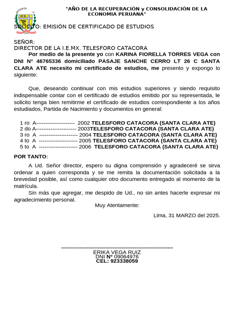 Solicitud de Certificado de Estudios 2025 | PDF