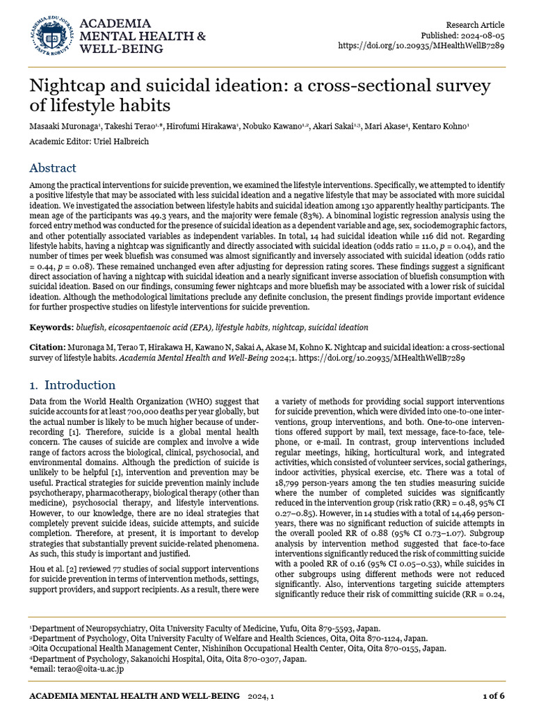 Nightcap and Suicidal Ideation A Cross S | PDF | Suicide | Cognitive ...